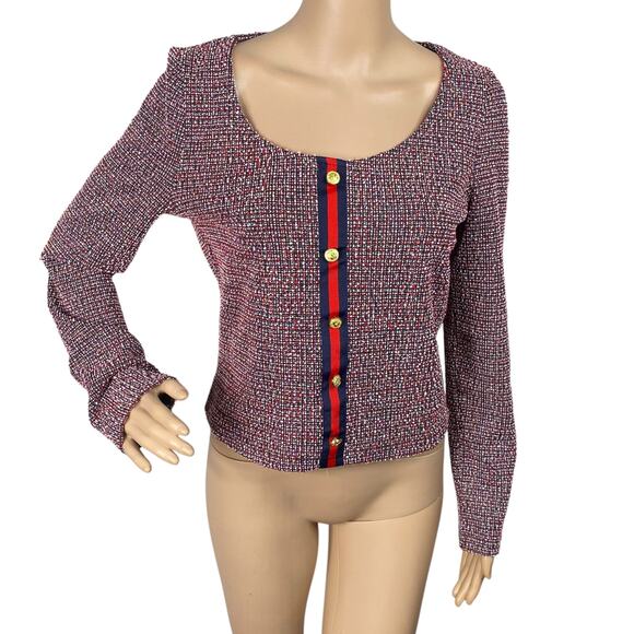 AQUA Bloomingdales NWT Red Blue Boucle Tweed Academia Knit Top SZ M - Picture 1 of 8